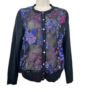 A New Day Embroidered Sheer Cardigan Floral Black Opalescent Buttons Women's M
